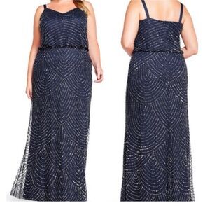 NWT 20w Adrianna Papell Navy Beaded Gown Dress with Spaghetti Straps